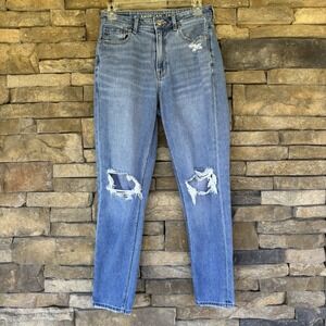 Women's size 4 American Eagle Mom Jeans‎ blue distressed denim High Rise
